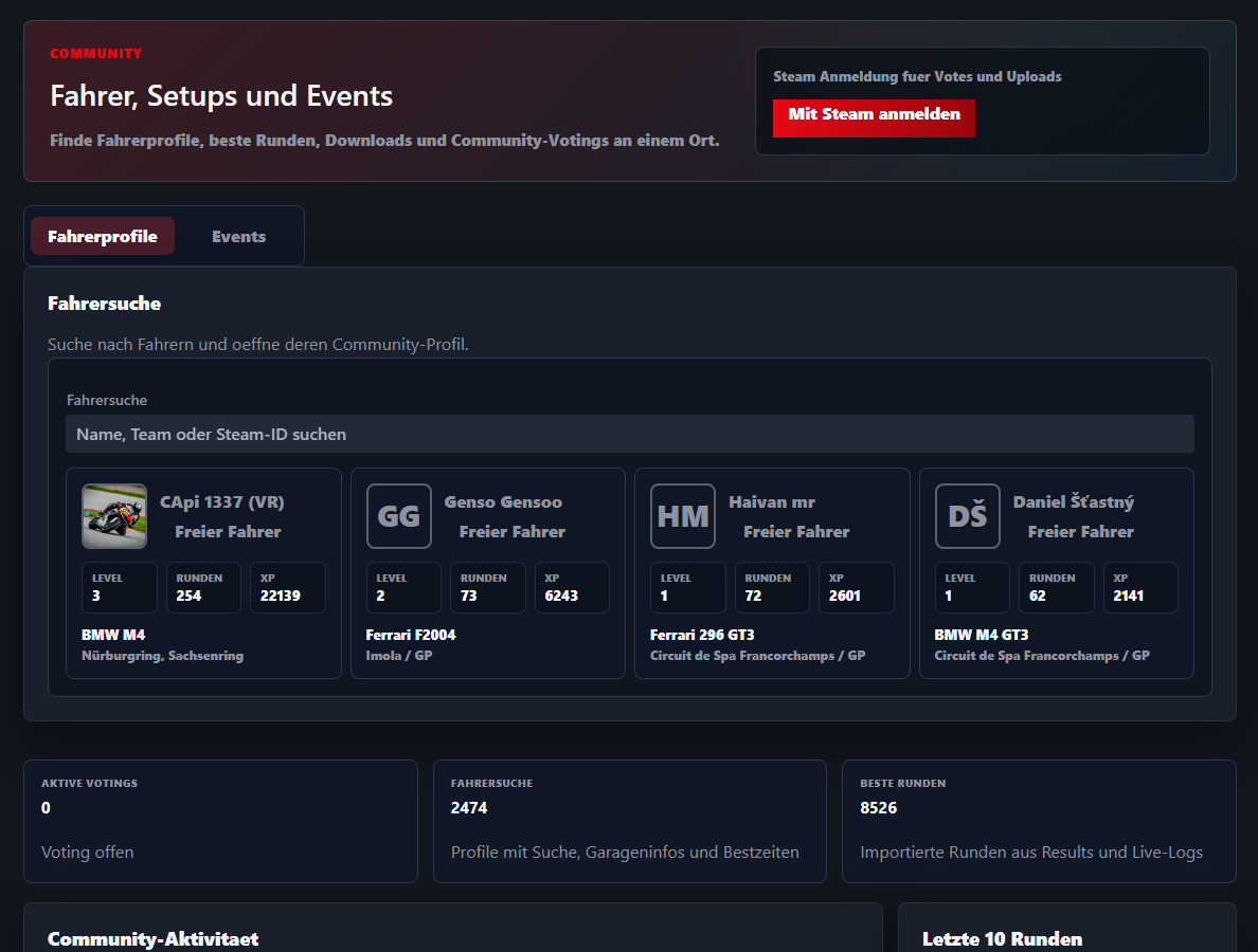 Echter Screenshot der ACEvo Live-Community mit Fahrersuche und öffentlichen Profilkarten